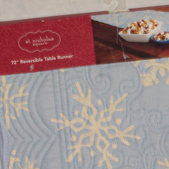 NWT St Nicholas Square Quilted Christmas Table Runner Reversible Blue Snowflake - Picture 2 of 4